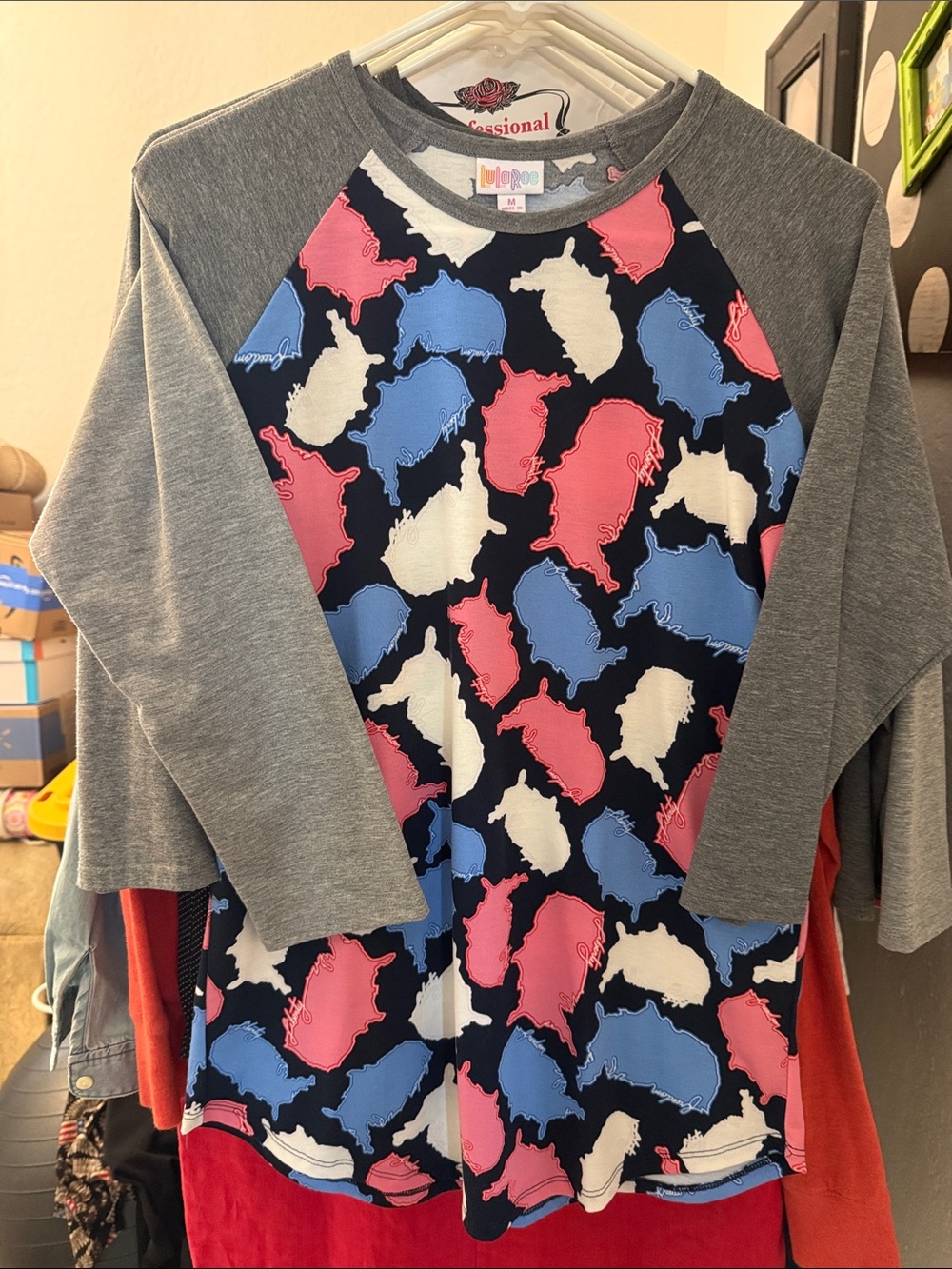 LuLaRoe randy Gray Top with Pink, Blue & Cream Map Print